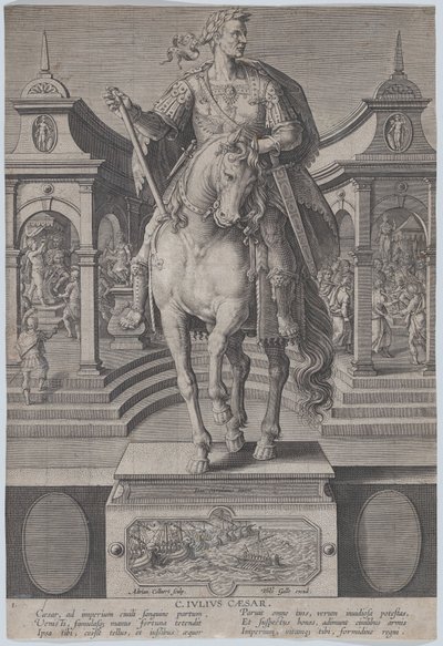 Deska 1: jezdecká socha Julia Caesara, pohled zepředu, s výjevem..., ca. 1587-89. od Adriaen Collaert