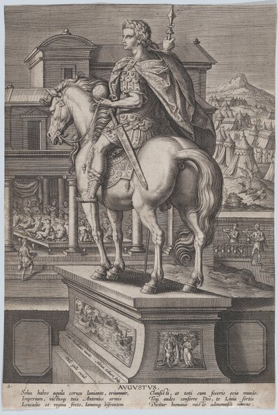 Deska 2: jezdecká socha Augusta, držící zeměkouli při pohledu zezadu, s ..., ca. 1587-89. od Adriaen Collaert