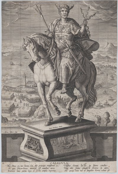 Deska 4: jezdecká socha Caliguly, viděno ze tří čtvrtin vlevo, na sobě ..., ca. 1587-89. od Adriaen Collaert