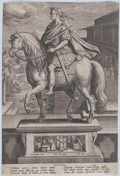 Deska 7: jezdecká socha Galby, z profilu vlevo, s výjevem stětí..., ca. 1587-89. od Adriaen Collaert