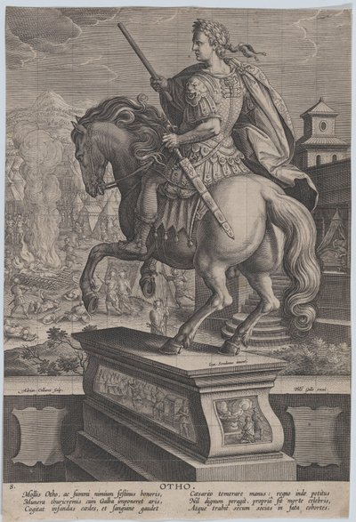 Deska 8: jezdecká socha Otho, pohled zezadu, scéna jeho smrti v pozadí..., ca. 1587-89. od Adriaen Collaert