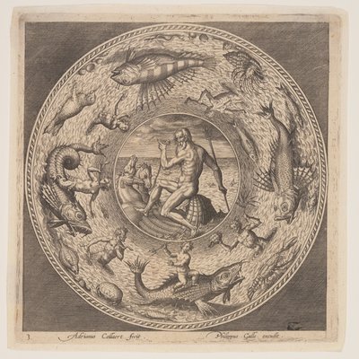 Poseidon, ze sady návrhů na talíře (Fonds de Coupe) od Adriaen Collaert