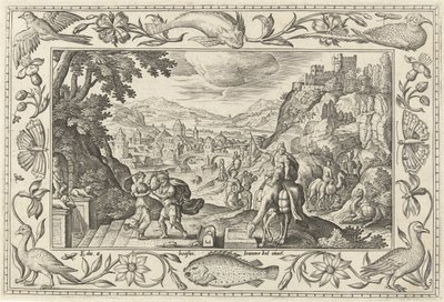 Rebeka a Eliezer u studny Krajiny s biblickými, mytologickými scénami a loveckými scénami (název série) od Adriaen Collaert