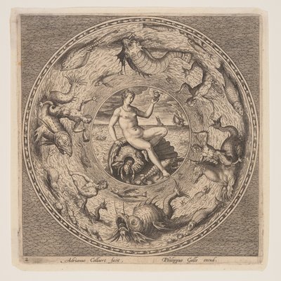Thetis na mušli, ze sady návrhů na talíře (Fonds de Coupe) od Adriaen Collaert