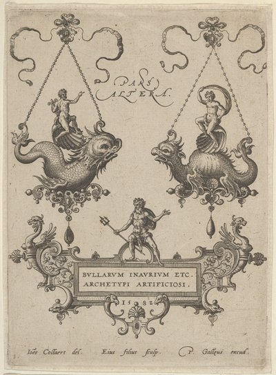 Titulní štítek se dvěma návrhy přívěsků nahoře a Neptun stojící na kartuši dole, 1582. od Adriaen Collaert