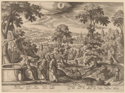 Kristus a žena Samaří od Adriaen Collaert after Hans Bol