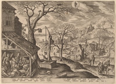 Anděl, který říká Josefovi k útěku a útěk do Egypta od Adriaen Collaert after Hans Bol