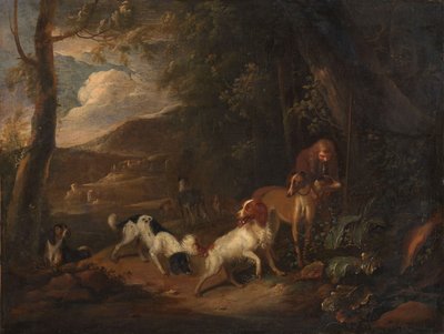 Lovec s loveckými psy na okraji lesa od Adriaen Cornelisz Beeldemaker