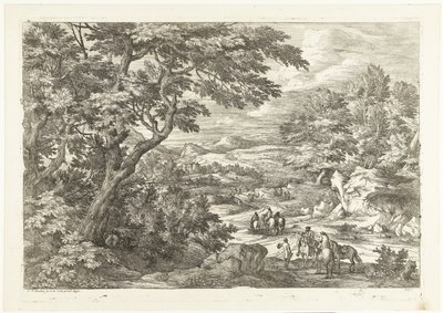 Krajina s lovci na cestě domů, v dálce hrad Krajiny s lovci (název série) od Adriaen Frans Boudewyns