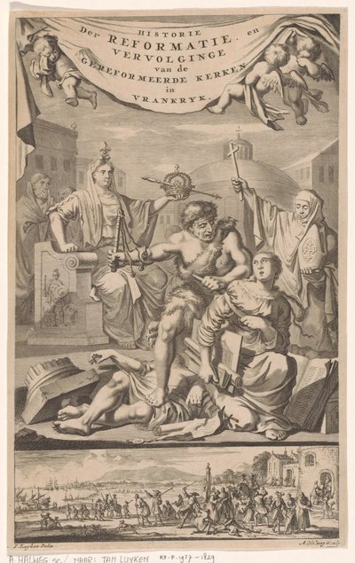 Francouzská reformovaná církev napadena mužem s metlou Titulní strana pro: E. Benoist, Dějiny reformovaných církví ve Vrankrijku, 1696 od Adriaen Haelwegh