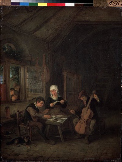 Vesničtí muzikanti (venkovští muzikanti). Houslista a violoncellista hrající v domě. Obraz Adriaena Jansze Van Ostade (1610-1685) od Adriaen Jansz. van Ostade