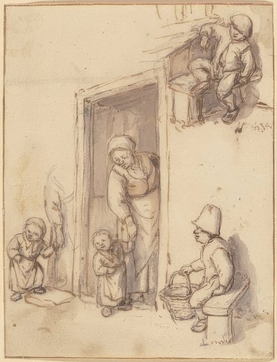 Studijní list s matkou a její dcerou v předních dveřích, sedící dva chlapci. 60. léta 17. století od Adriaen Jansz. van Ostade
