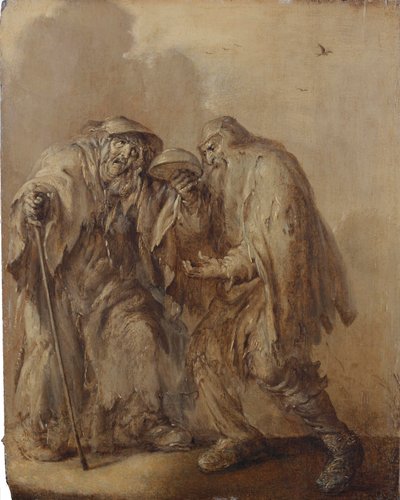 Starší žebrácká dvojice držící prázdnou misku obrácenou vzhůru nohama; en brunaille (olej na desce) od Adriaen Pietersz. van de Venne