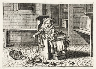 Dítě pláče pro své hračky, ilustrace z „Emblemata of Zinne-werk“ od Johannese de Brune (1589-1658), Jana Jacobse Schippera, Amsterdam, 1661 od Adriaen Pietersz van de Venne