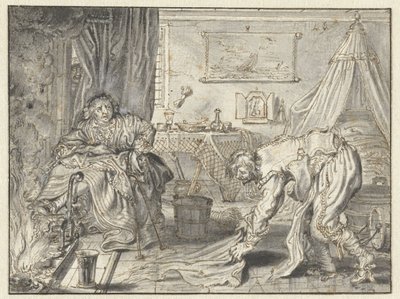 Muž uklízí podlahu, zatímco jeho žena sedí u krbu od Adriaen Pietersz van de Venne