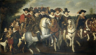 Princ Maurice v doprovodu svých dvou bratrů, Fredericka V., kurfiřta Palatina, a hrabat z Nassau na koni, kolem roku 1625 od Adriaen Pietersz van de Venne