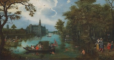 Letní krajina s plavbou na lodi a koupajícími se od Adriaen Pietersz. van de Venne