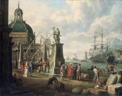 Capriccio středomořského přístavu s obchodníky, elegantním párem na nábřeží, před sochou Naděje a barokním kostelem, majákem, holandským man-o-war a další lodní dopravou, 1700 od Adriaen Verdoel