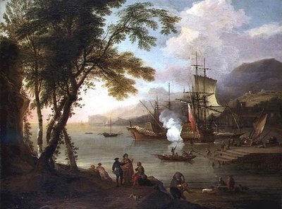 Capriccio středomořského přístavu s lodní dopravou, obchodníky a doky od Adriaen van Diest