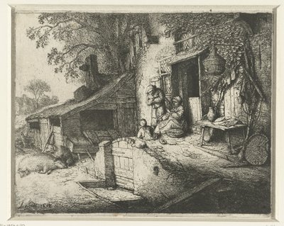 Točící se žena před domem Točící se žena u dveří od Adriaen van Ostade (signed by artist)