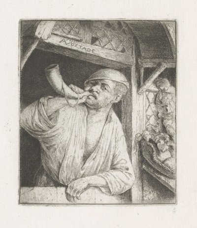 Bakker zatroubí ve dveřích od Adriaen van Ostade