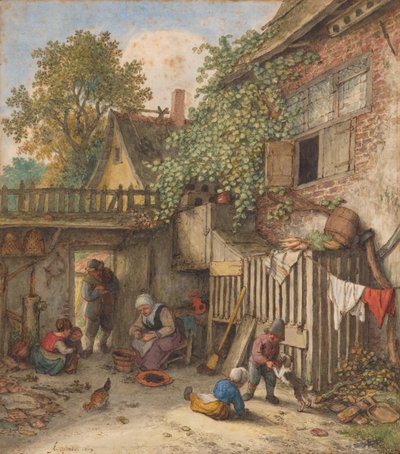 Vnitřní dvůr, kde žena čistí mušle od Adriaen van Ostade