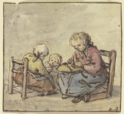 Tři dívky, nejstarší paličkuje krajku od Adriaen van Ostade