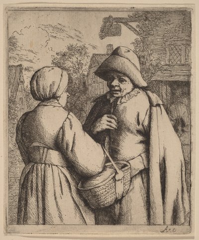 Muž a žena v rozhovoru před hostincem od Adriaen van Ostade