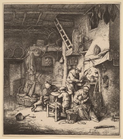 Rolnická rodina v interiéru s matkou krmící dítě od Adriaen van Ostade