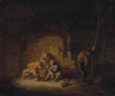 Sedláci sedící a popíjející ve stodole se psem od Adriaen van Ostade