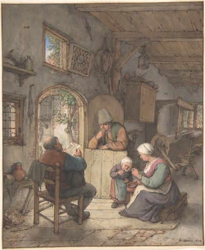 Čtení zpráv v chalupě tkalců od Adriaen van Ostade