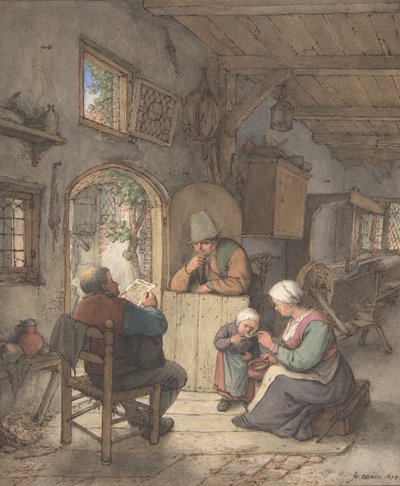 Čtení zpráv na chalupě tkalců, 1673. od Adriaen van Ostade