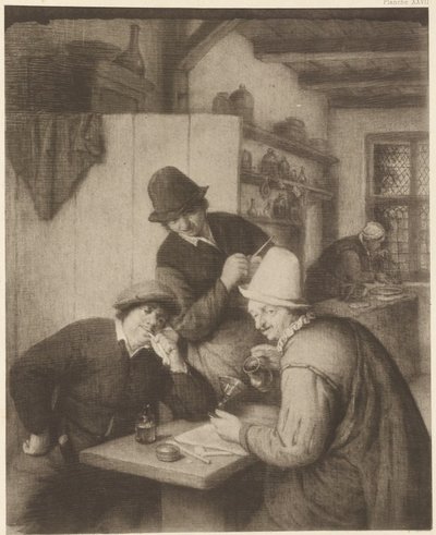 Tři rolníci a žena u stolu od Adriaen van Ostade