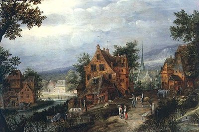 Vesnická scéna s postavami od Adriaen van Stalbemt