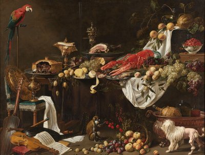 Banketové Zátiší Pronk Zátiší s papouškem, psem a opicí od Adriaen van Utrecht