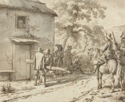 Vojáci vynutí dveře, 1669 (kresba perem a tuší) od Adriaen van de Velde