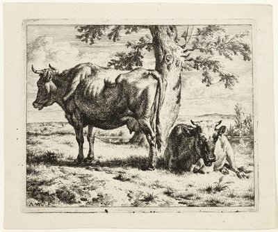 Dvě krávy pod stromem od Adriaen van de Velde