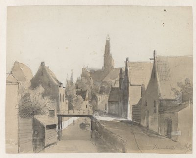 Pohled na kanál v Haarlemu, v pozadí St. Bavo Haarlem (název na objektu) od Adrianus Eversen