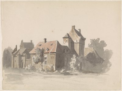 Pohled na skupinu domů s městskou bránou (?) od Adrianus Eversen
