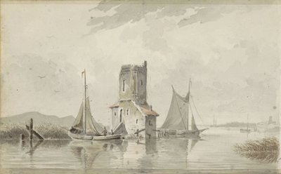 Říční krajina s věží od Adrianus Eversen