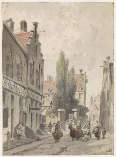 Panoráma města s podomním obchodníkem od Adrianus Eversen