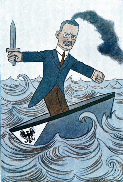 Cartoon od Wilhelma Cuna (1876-1933) německého politika odpovědného za námořní záležitosti. Kresba Adrien Barrere (1877-1931) z Fantasio od Adrien Barrere
