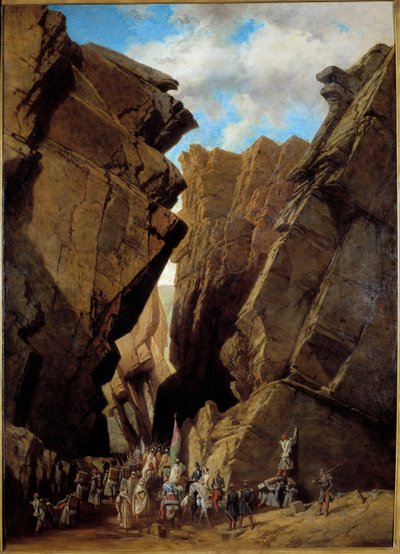 Francouzská kolonizace Alžírska: “”průchod Železné brány v Alžírsku 28. 10. 1839”” Francouzská výprava, které v roce 1839 velel vévoda z Orleansu, překračuje průjezd Bibanů. Obraz Adriena Dauzatse (1804-1868) 1869 Sun. 1,46x1,05 m Orlea od Adrien Dauzats