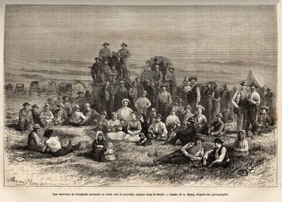 Karavana mormonských nováčků na cestě k jezeru Sale, v jeho táboře v poušti, rytina podle kresby A. Marie, znázorňující cestu z Washingtonu do San Francisca v roce 1868, od L. Simonina, publikovaná v „“ Le tour du monde“ “” 1874, editoval Edouard od Adrien Emmanuel Marie
