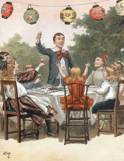 Mladý chlapec pronáší řeč, děti cinkají sklenicí, ilustrace Adriena Marie v knize Tout a la joie od Zari, publikace Emile Guerin z roku 1890 od Adrien Emmanuel Marie