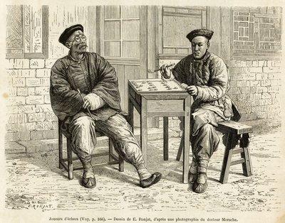 šachisté. Rytina podle kresby A. Marie, pro ilustraci plavby do Pekinu a severní Číny, od T.Choutze, v roce 1873, publikovaná v “”Le tour du monde””” 1876, editoval Edouard Charton, vydání Hachette, Paříž. Kolekce Selva. od Adrien Emmanuel Marie