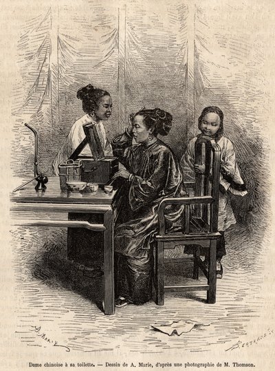 Číňanka má svůj záchod. Rytina podle kresby A. Marie, pro ilustraci plavby do Pekinu a severní Číny, od T.Choutze, v roce 1873, publikovaná v “”Le tour du monde””” 1876, editoval Edouard Charton, vydání Hachette, Paříž. Kolekce Selva. od Adrien Emmanuel Marie