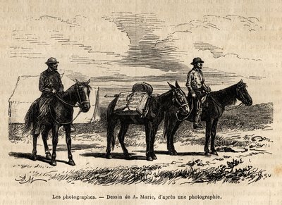 Fotografové americké geologické mise na koních, pečlivě zabalený materiál připravený pro novou etapu, rytina podle kresby A. Marie, ilustrující soubor geografických misí přes Národní park Spojených států v letech 1870 až 1872, od Adrien Emmanuel Marie