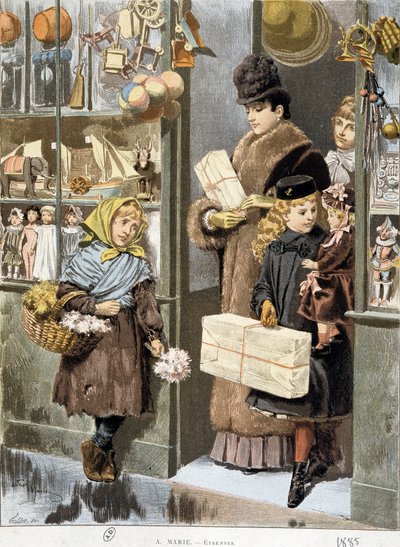 Chudinka prodávající malé kytičky u východu z hračkářství, kde vycházejí bohatí lidé (nakupovat na Vánoce?) - kresba Adrien Marie od Adrien Emmanuel Marie