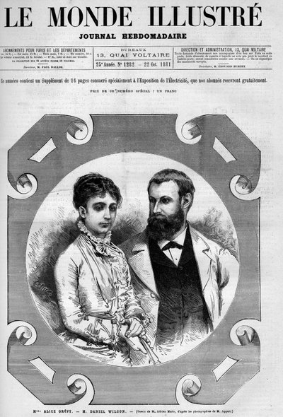 Portrét Daniela Wilsona (1840-1919), francouzského politika s manželkou Alice Grevy. Rytina Adrien Marie. Jeden z „The Illustrious World“ č. 1282 z 22. října od Adrien Emmanuel Marie